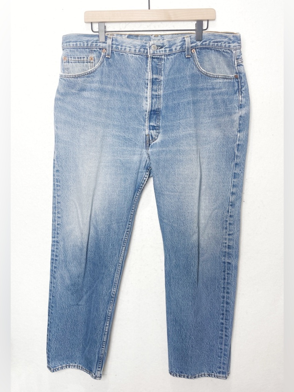 Vintage Levis 501 Button Fly Blue Light Wash Distressed Jeans Made in USA 42X30